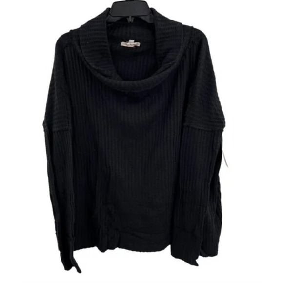 Free People Juicy Long Sleeve Black Top M NWT Open Back Waffle Knit Cowl Neck - Picture 2 of 4